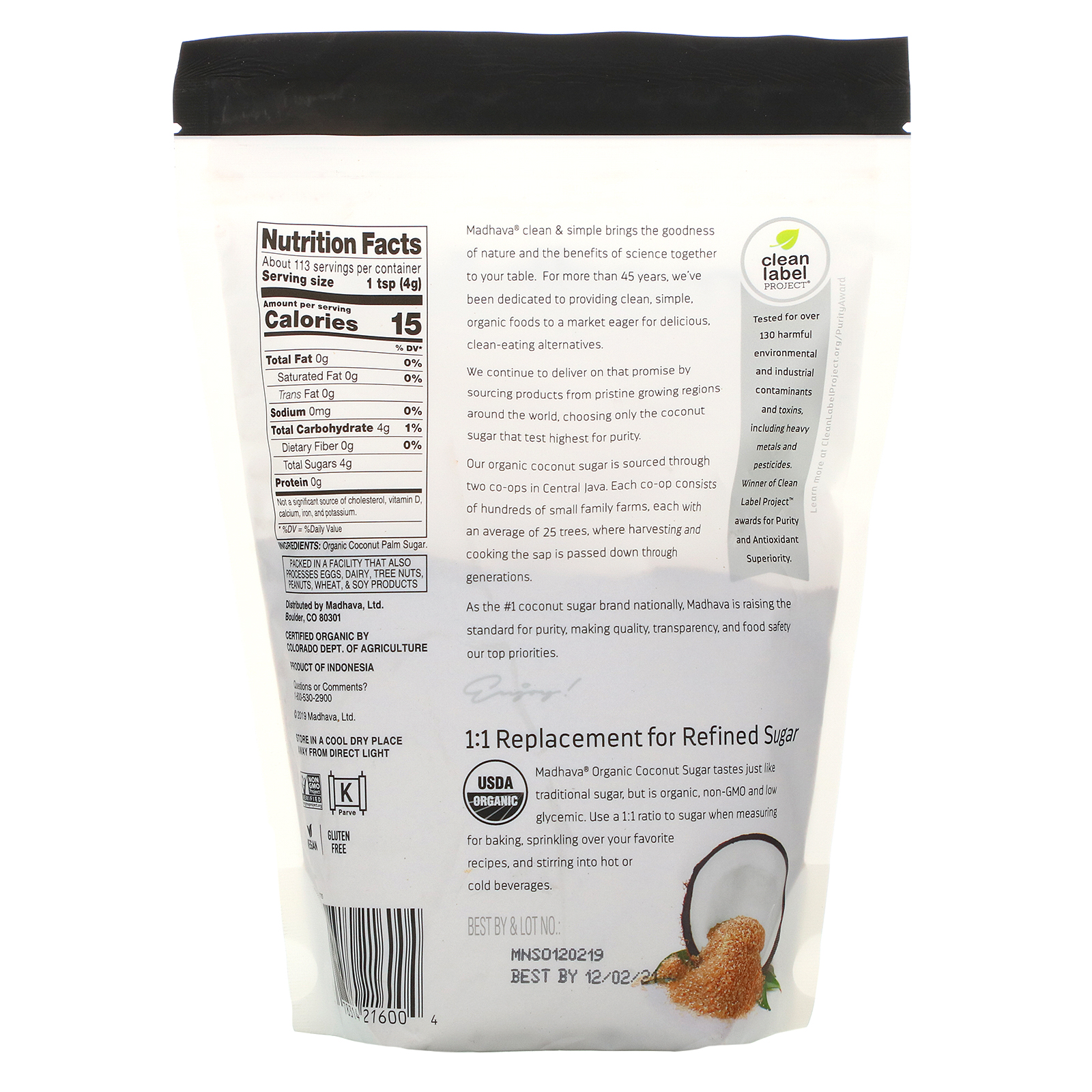 Madhava Natural Sweeteners, Açúcar de Coco Deliciosamente Orgânico, 1 lb (454 g) - Imagem 2