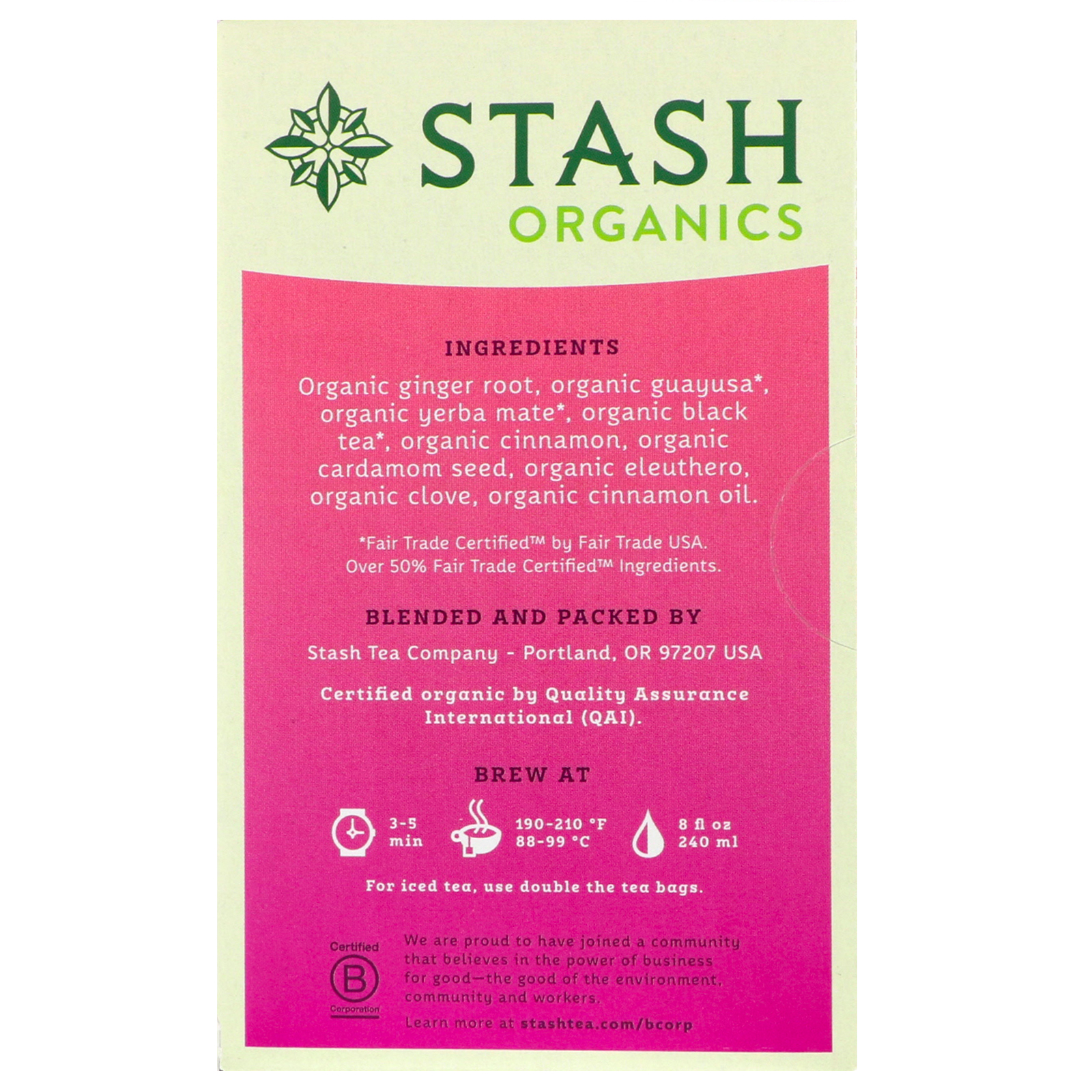 Stash Tea, Chá de Ervas, Chai Orgânico da Floresta Tropical, 18 Saquinhos de Chá, 1,0 oz (30 g) - Imagem 2