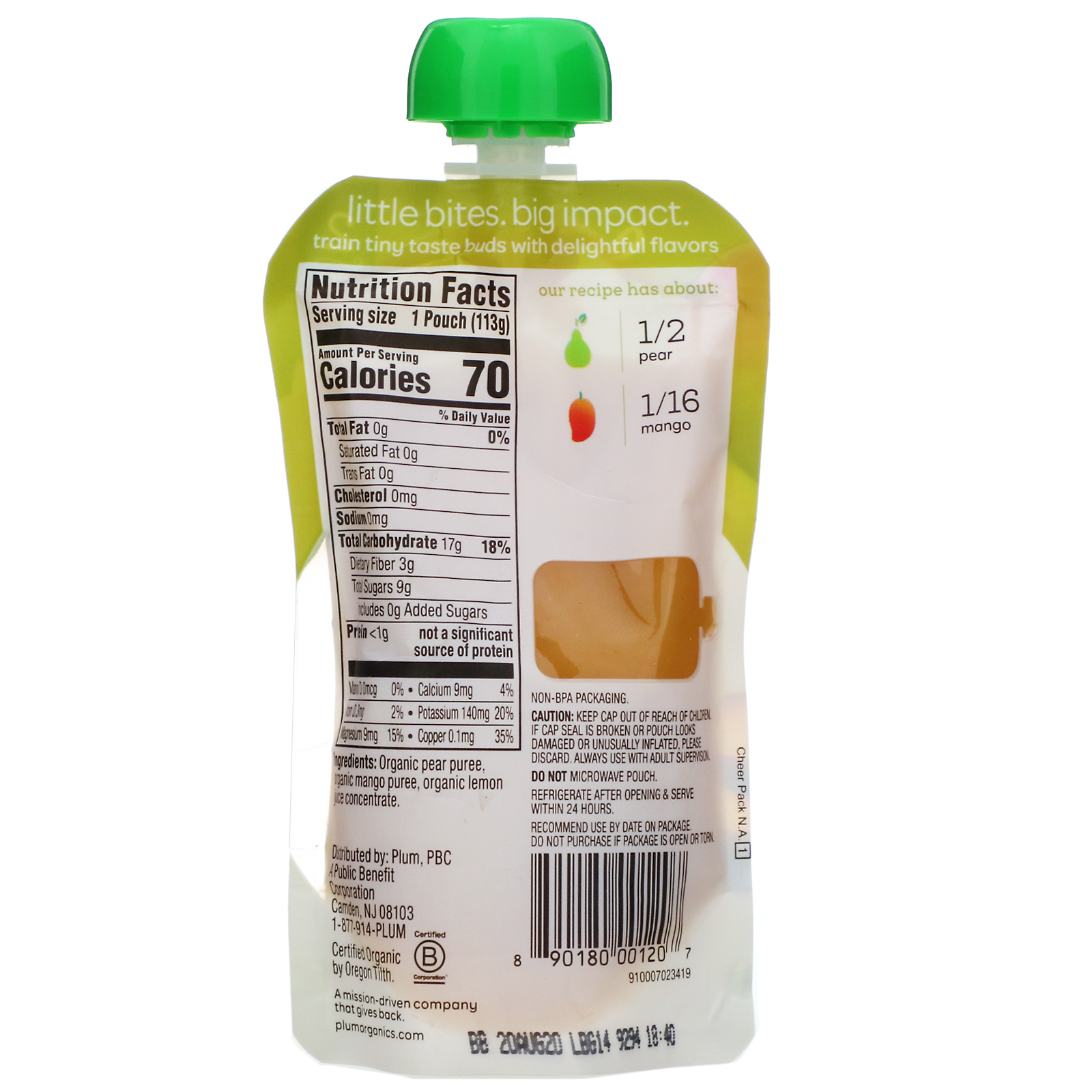 Plum Organics, Alimento orgânico para bebês, estágio 2, pera e manga, 4 oz. (113 g) - Imagem 2