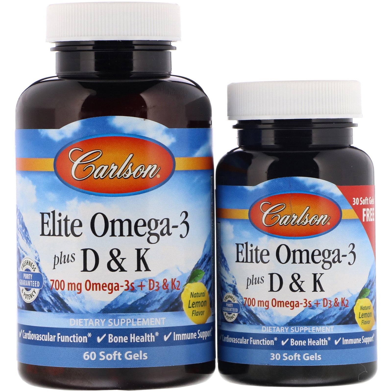 Carlson Labs, Elite Omega-3 com Vitamina D e K, Sabor Natural de Limão, 60 + 30 Cápsulas de Softgel