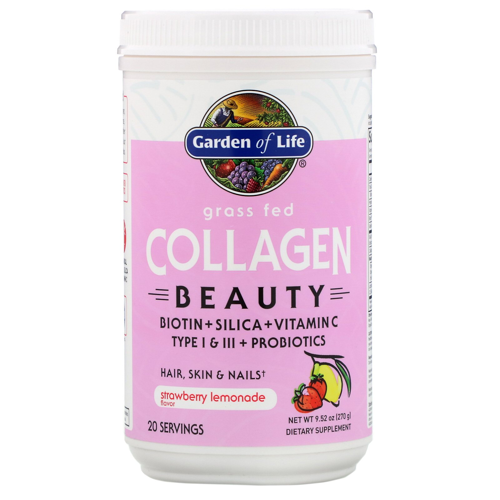 Garden of Life, Beleza A Partir de Colágeno Alimentado com Grama, Limonada de Morango, 9,52 oz (270 g)