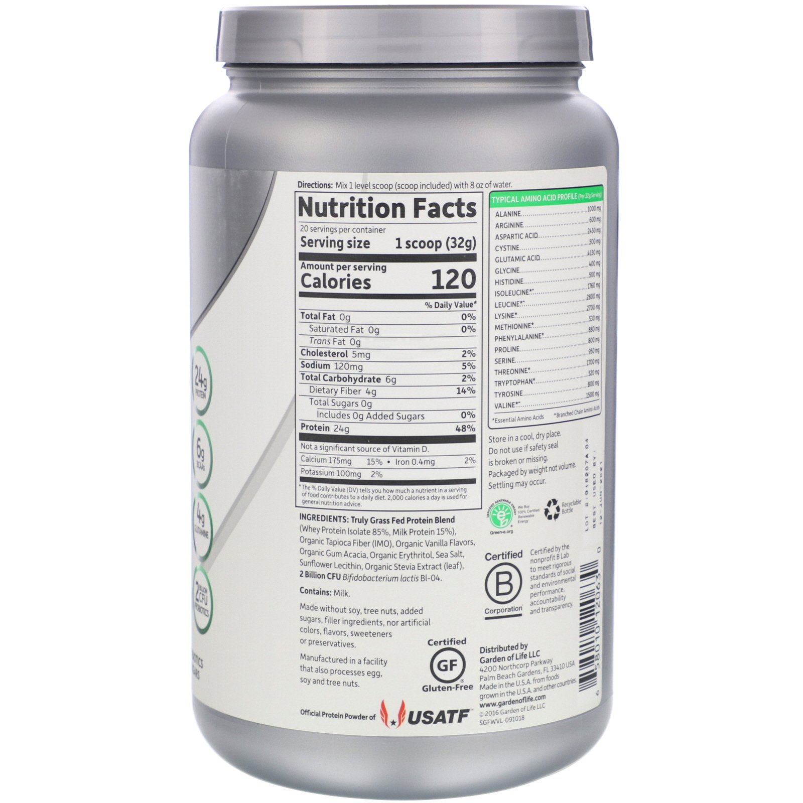 Garden of Life, Sport, Certified Grass Fed Whey, Vanilla, 22.57 oz (640 g) - Imagem 2