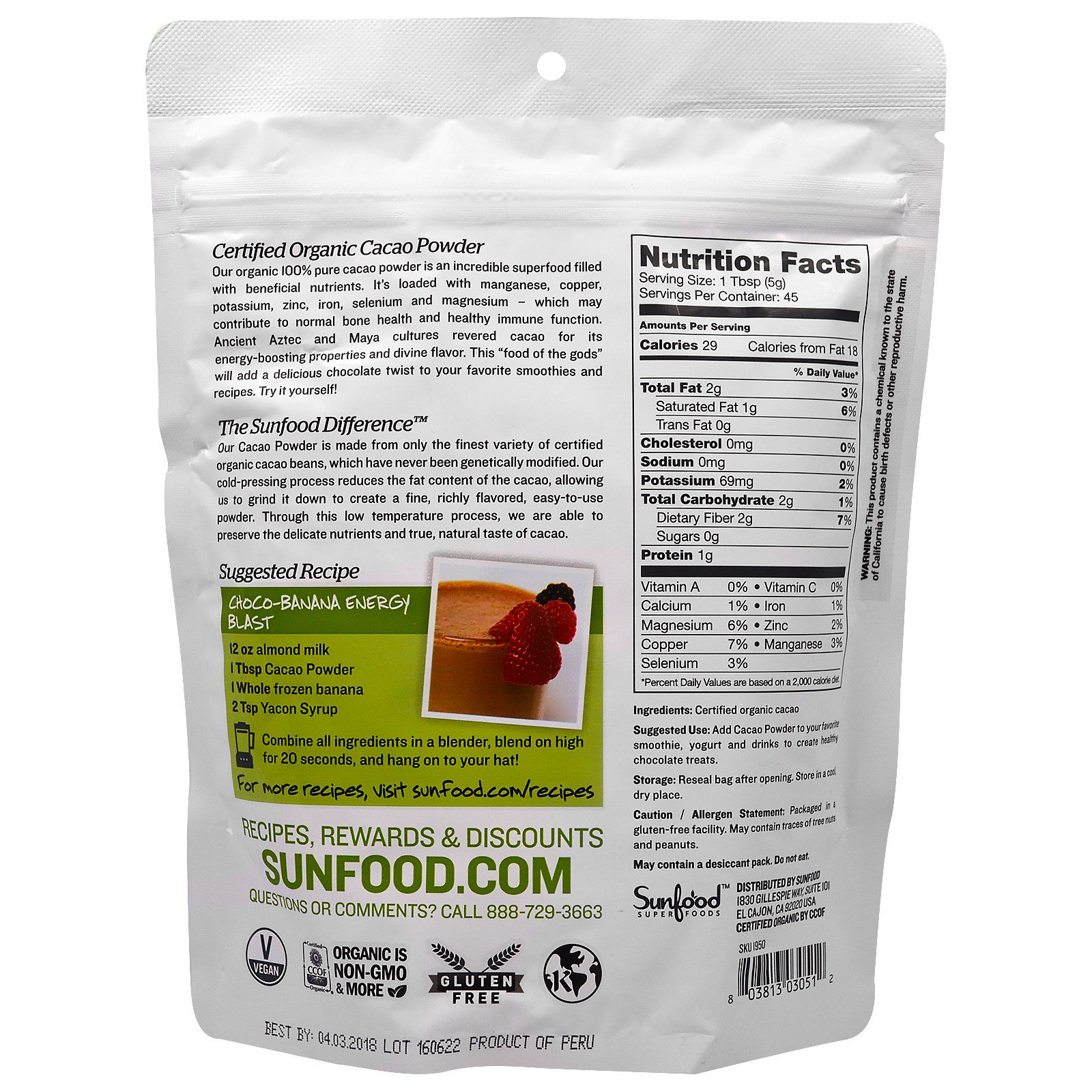 Sunfood, Cacau em Pó Orgânico, 227 g (8 oz) - Imagem 2