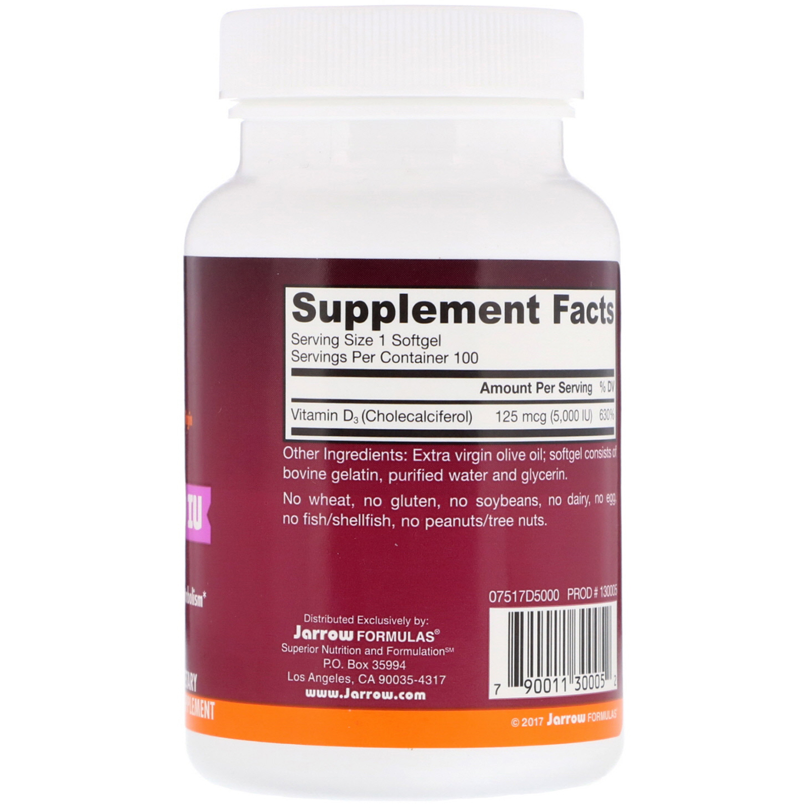 Jarrow Formulas, Vitamin D3, Cholecalciferol, 5,000 IU, 100 Softgels - Imagem 2