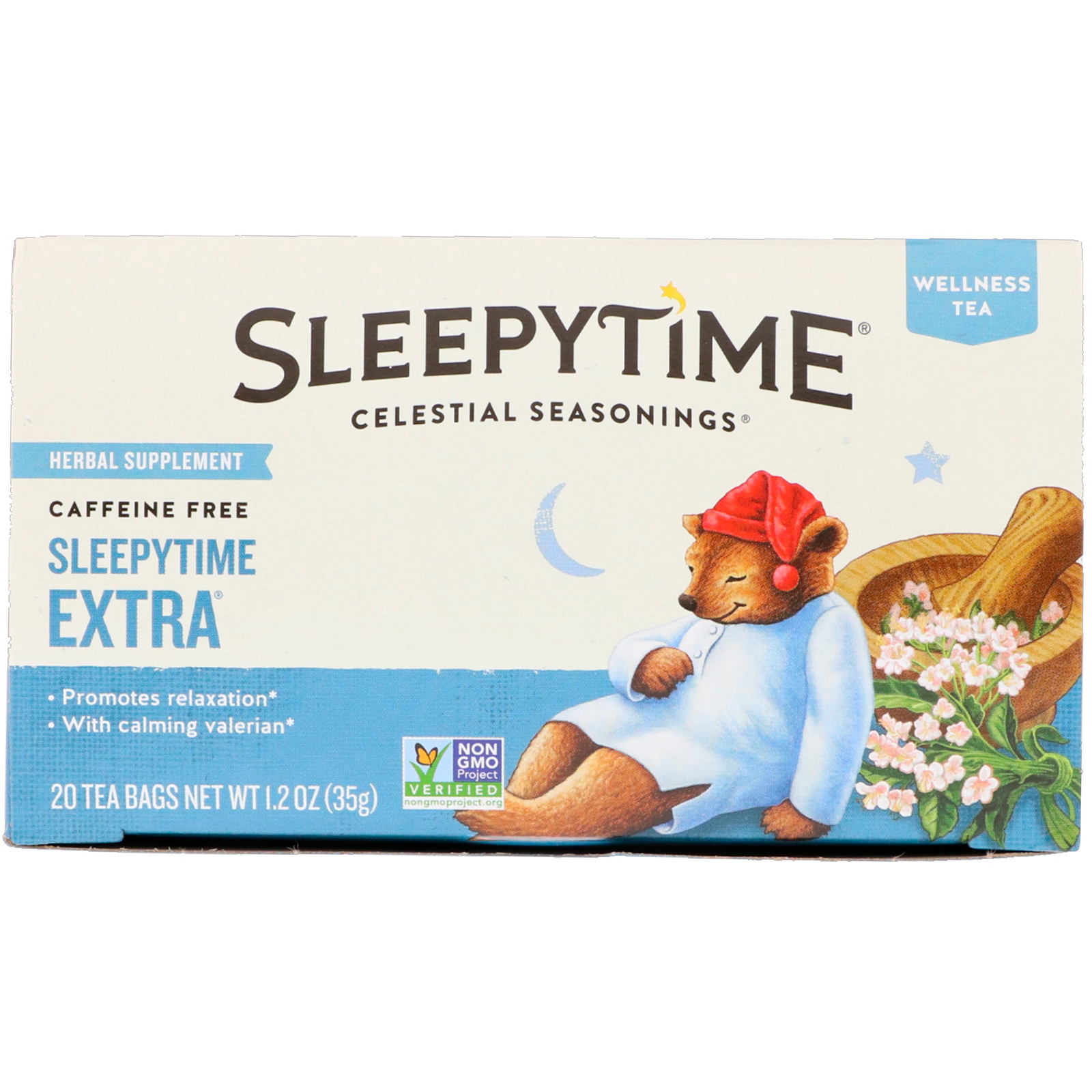 Celestial Seasonings, Wellness Tea, Extra para a hora do sono, Sem cafeína, 20 saquinhos de chá, 35 g