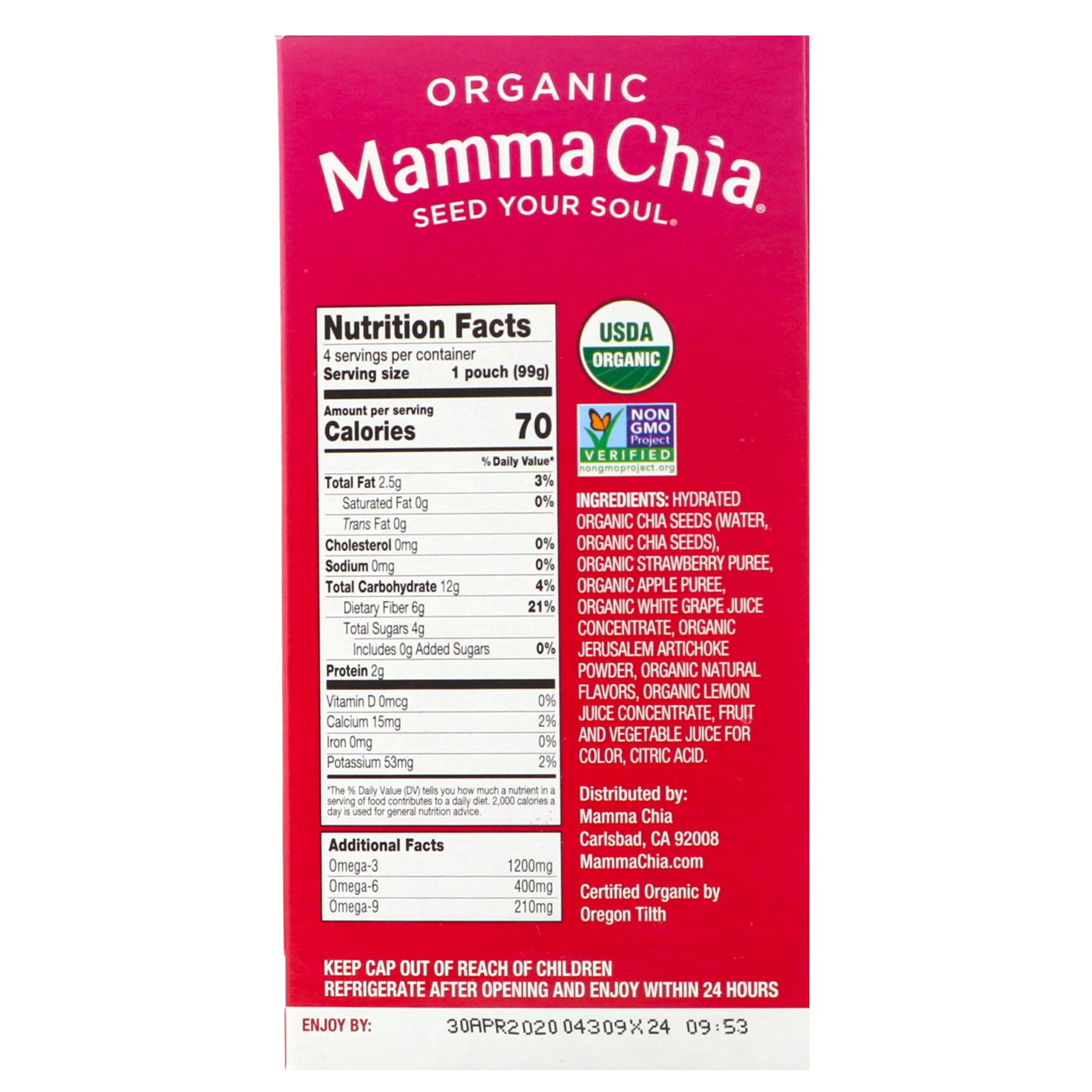 Mamma Chia, Organic Chia Prebiotic Squeeze, Strawberry Lemonade, 4 Pouches, 3.5 oz (99 g) Each - Imagem 2