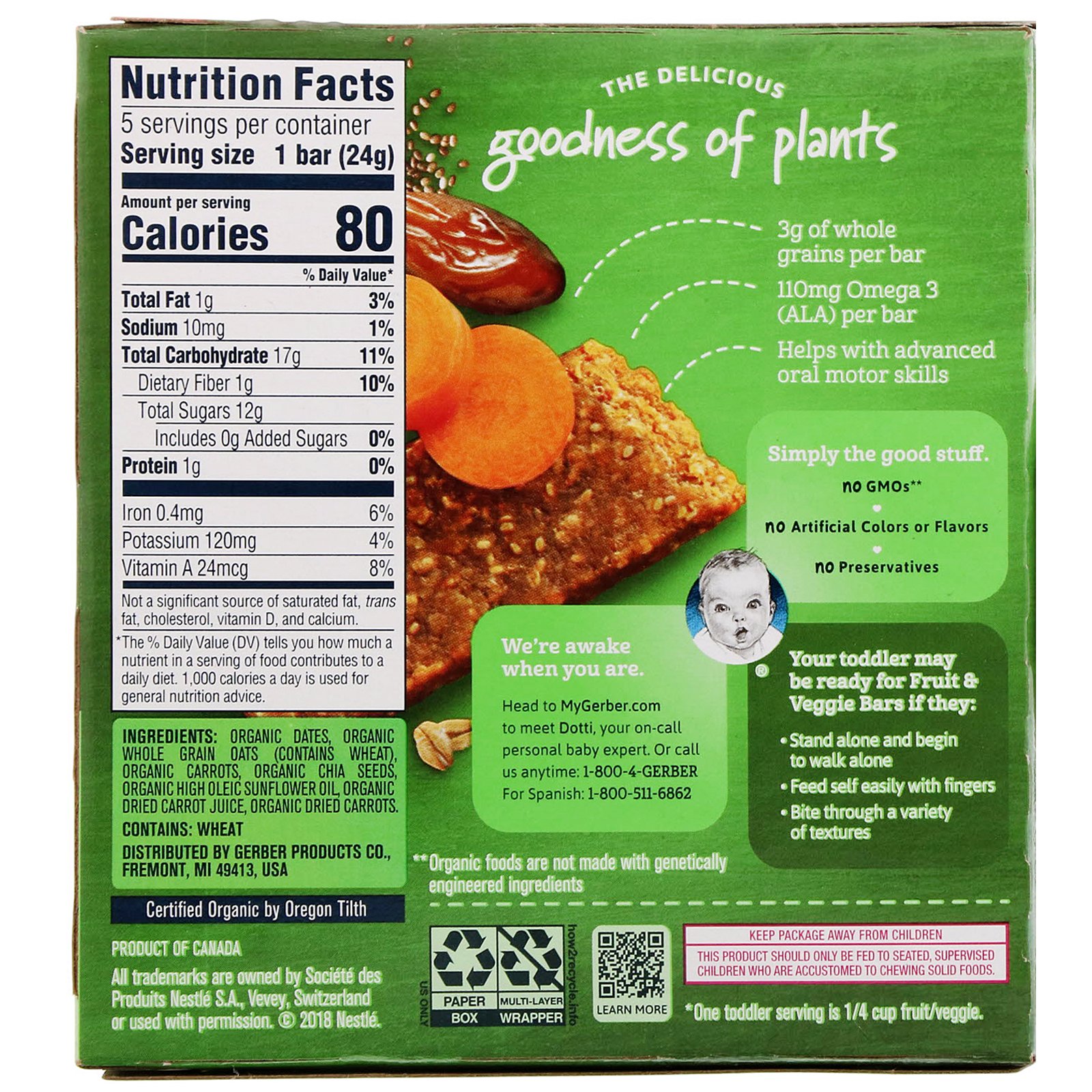 Gerber, Organic Fruit & Veggie Bar, 12+ Months, Date & Carrot, 5 Individually Wrapped Bars, 4.2 oz (120 g) - Imagem 2