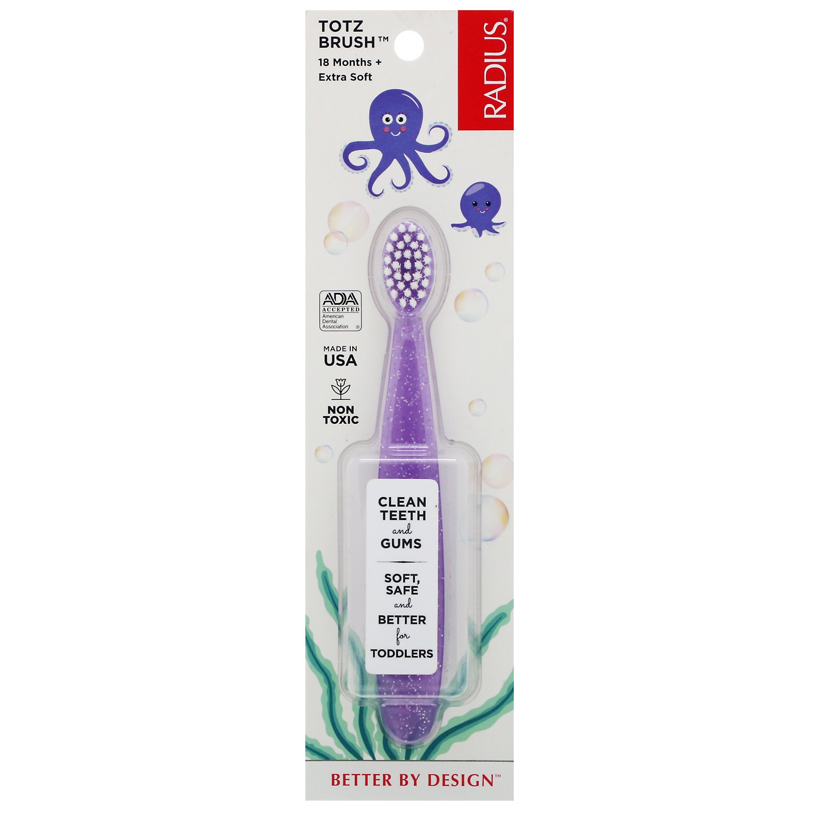 RADIUS, Totz Toothbrush, Extra Soft, 18+ Months, Purple Sparkle, 1 Toothbrush
