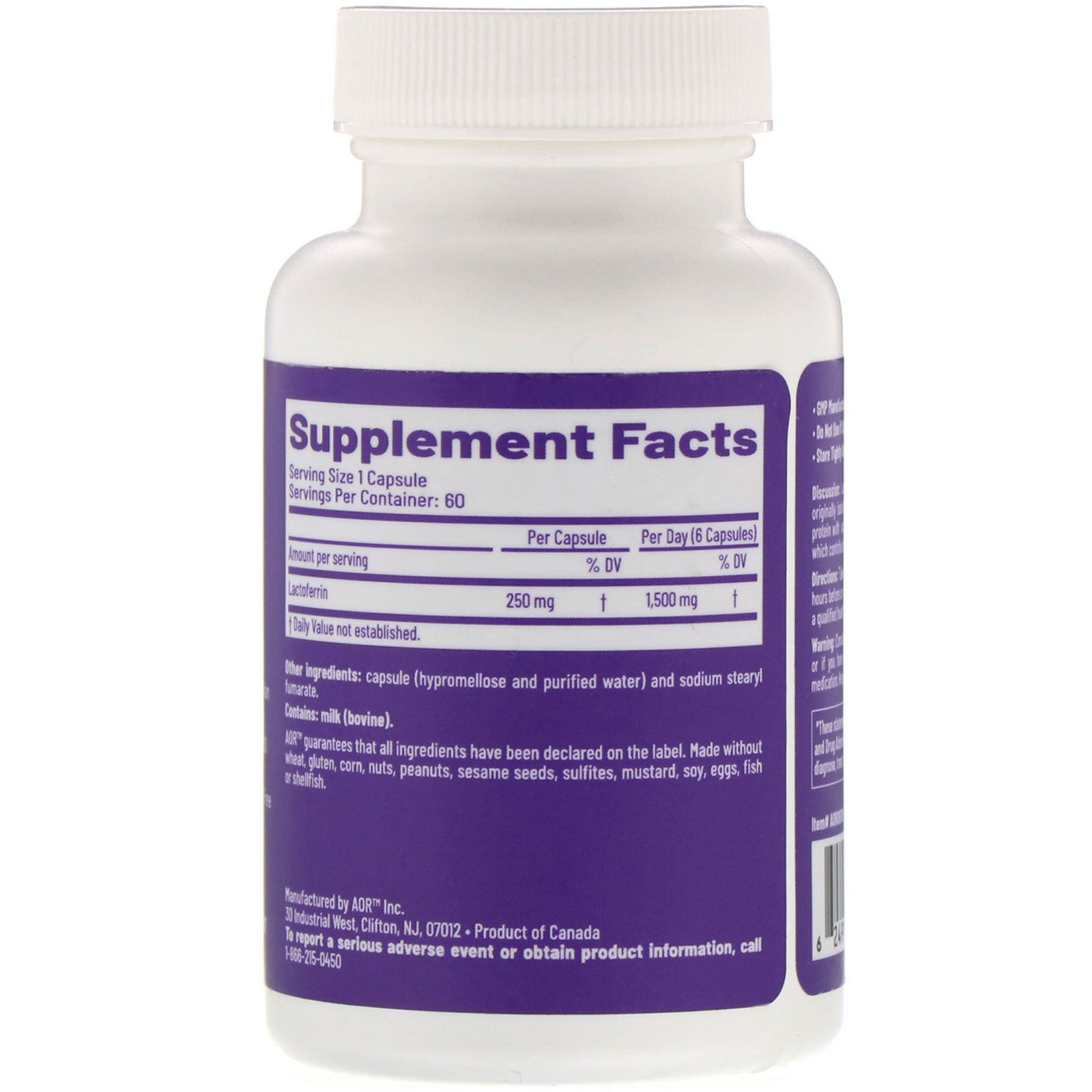 Advanced Orthomolecular Research AOR, Lactoferrin-250, 60 Cápsulas Vegetarianas - Imagem 2