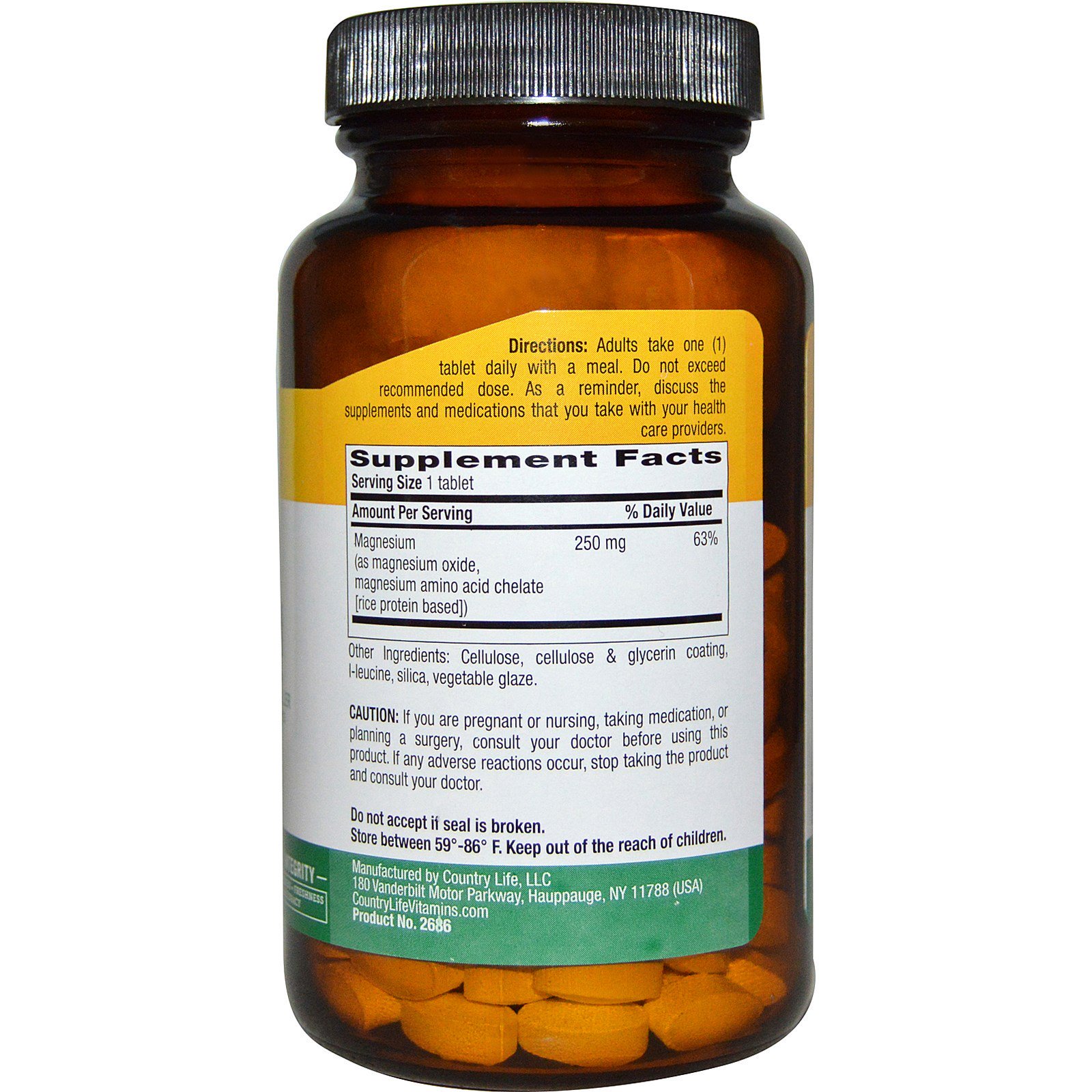 Country Life, Magnésio Quelatado, 250 mg, 180 Comprimidos - Imagem 2