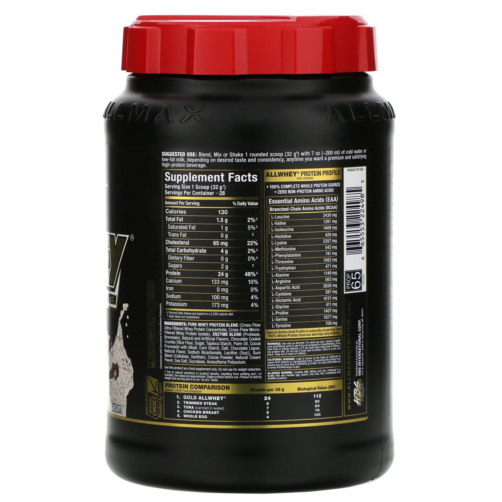 ALLMAX Nutrition, AllWhey Gold, 100% Proteína Whey + Isolado de Proteína Whey Premium, Cookies e Creme, 907 g (2 lbs). - Imagem 2