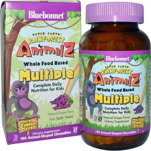 Bluebonnet Nutrition, Super Earth™ Floresta tropical Animalz® Comida Integral de Base Múltipla - Sabor Uva - 180 Mastigáveis