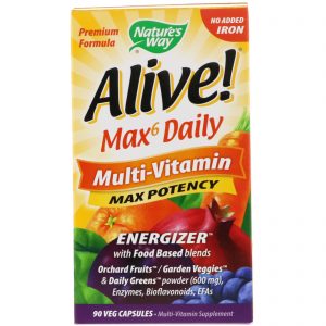 Nature's Way, Alive! Max6 Daily, Multivitamínico, Sem Adição de Ferro, 90 Cápsulas Vegetais