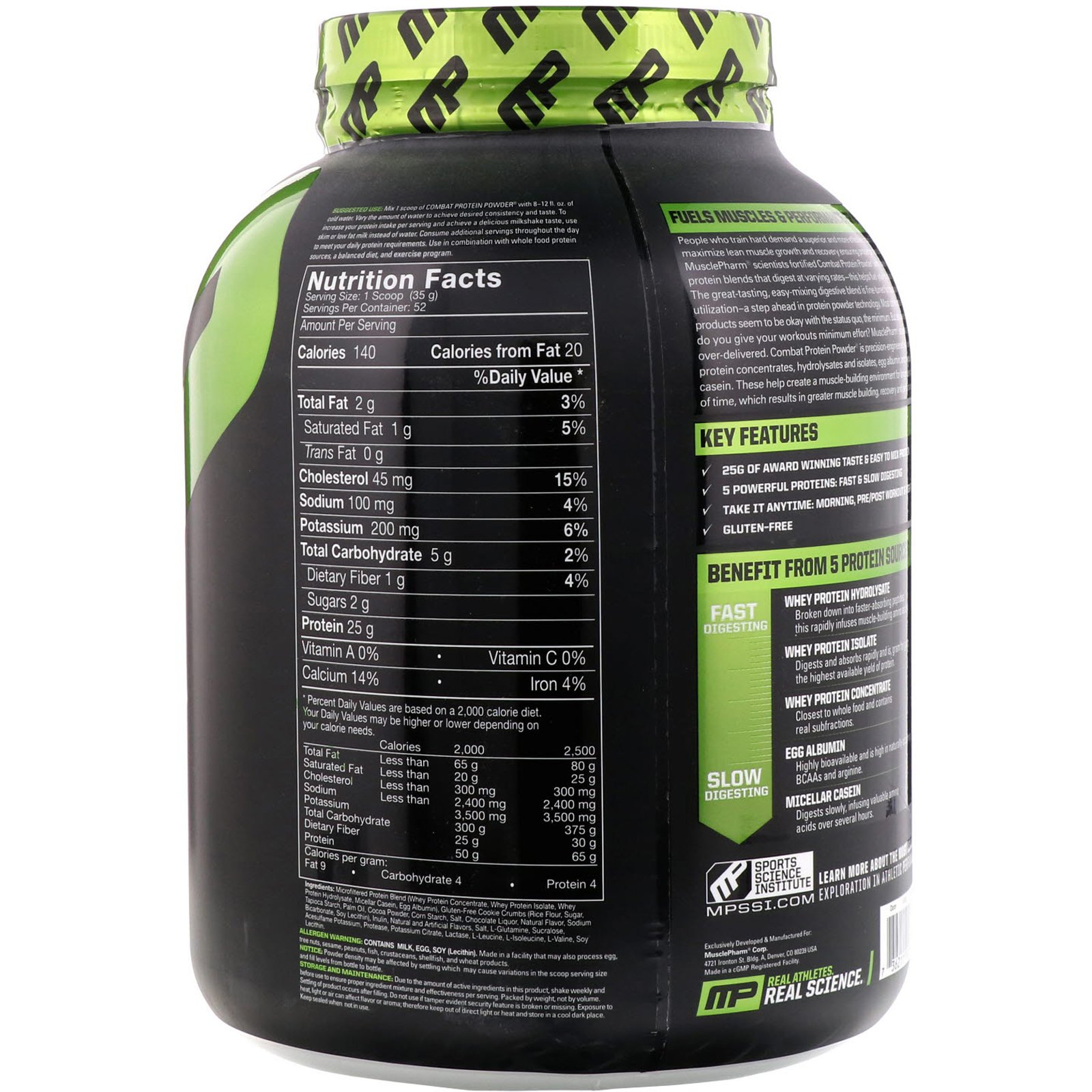 MusclePharm, Combat Powder, Advanced Time Release Protein, Cookies 'N' Cream, 4 lbs (1814 g) - Imagem 2