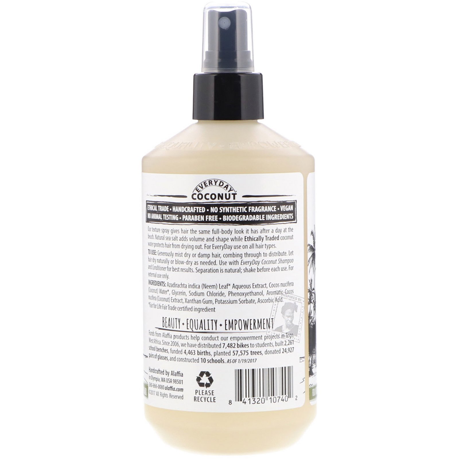 Alaffia, Spray Texturizador, Hidratante, Para Cabelos Secos e Normais, Coco e Sal Marinho, 12 fl oz (354 ml) - Imagem 2