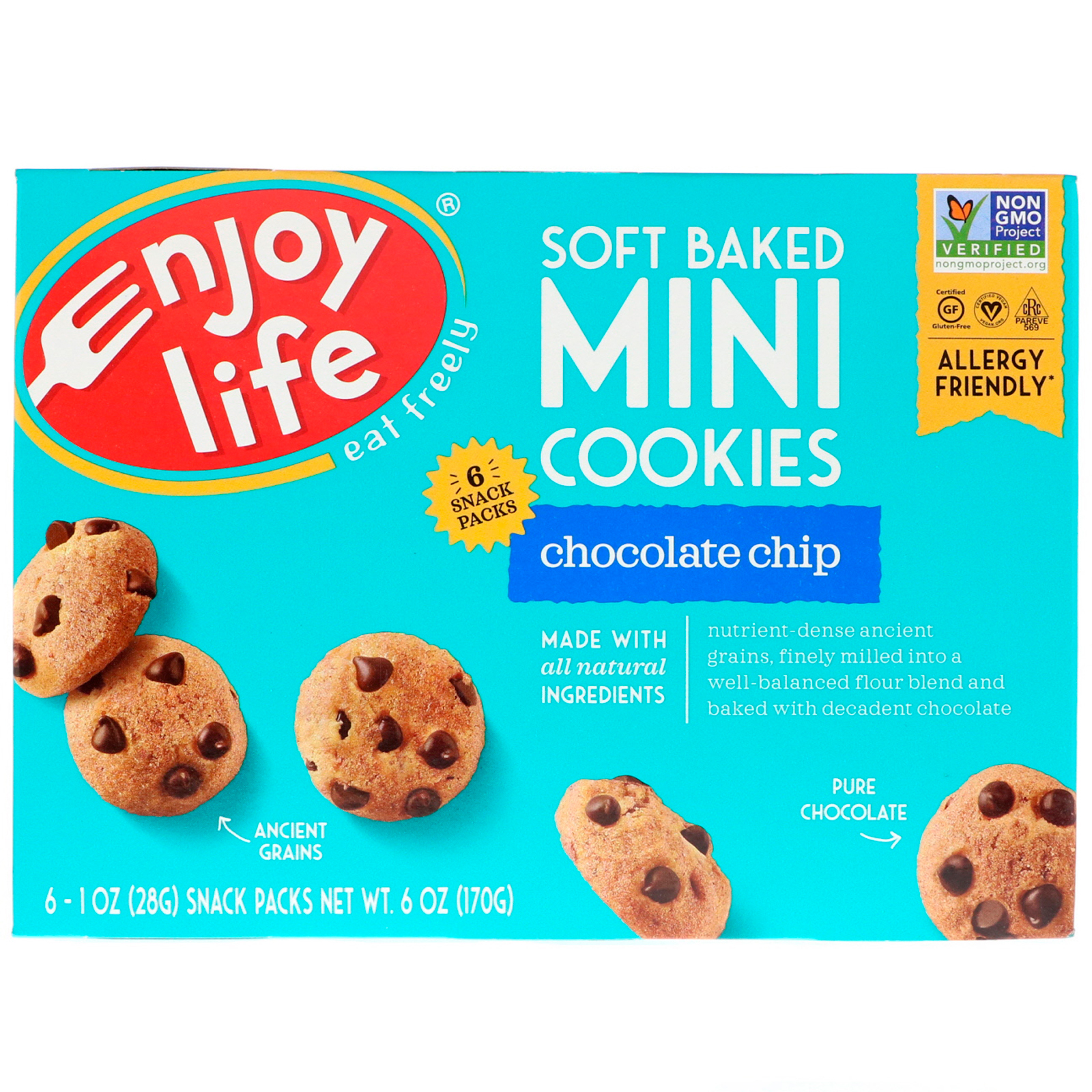 Enjoy Life Foods, Soft Baked Minis, Sabor Gotas de Chocolate, Pacotes com 6 Unidades, 1 oz (28 g) Cada