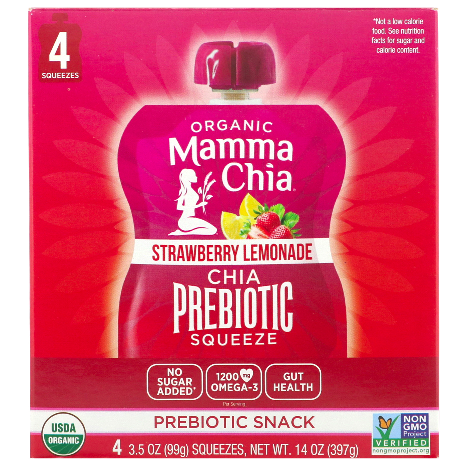 Mamma Chia, Organic Chia Prebiotic Squeeze, Strawberry Lemonade, 4 Pouches, 3.5 oz (99 g) Each