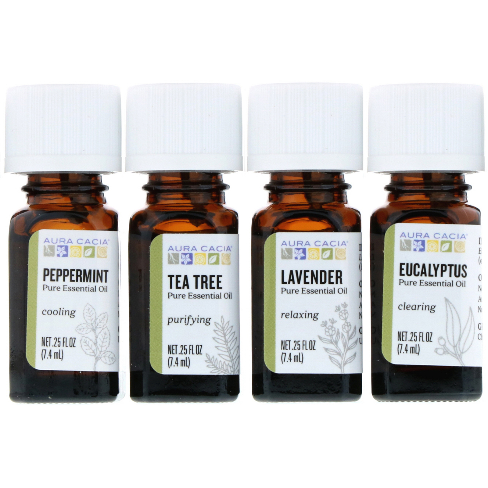 Aura Cacia, Kit de Óleos Essenciais Discover, 4 Frascos, 7,4 ml Cada