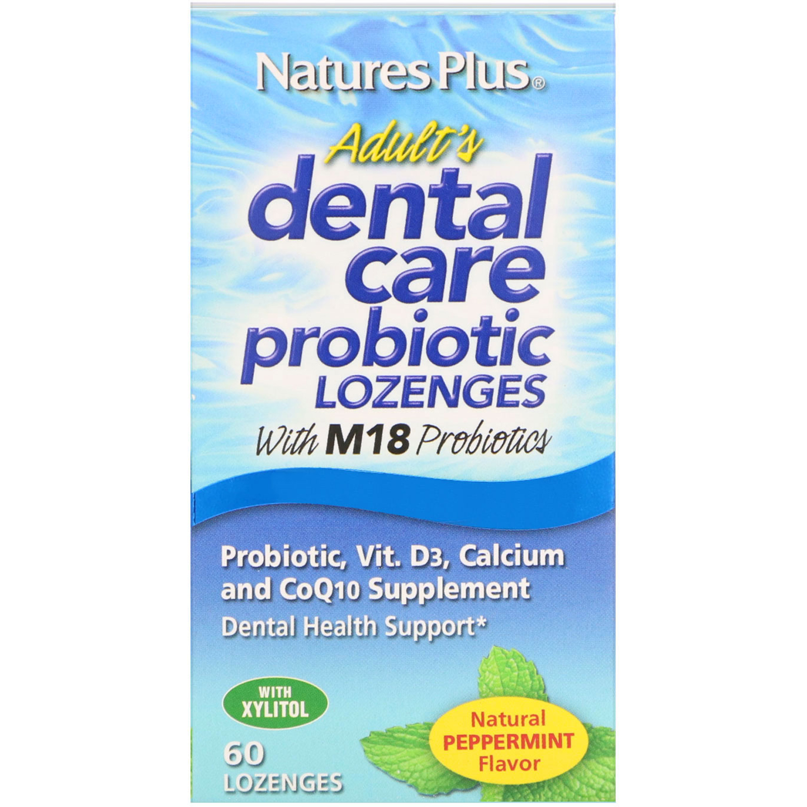 Nature's Plus, Probiótico de Cuidados com a Dentição para Adultos, Sabor Natural de Hortelã-Pimenta, 60 Pastilhas