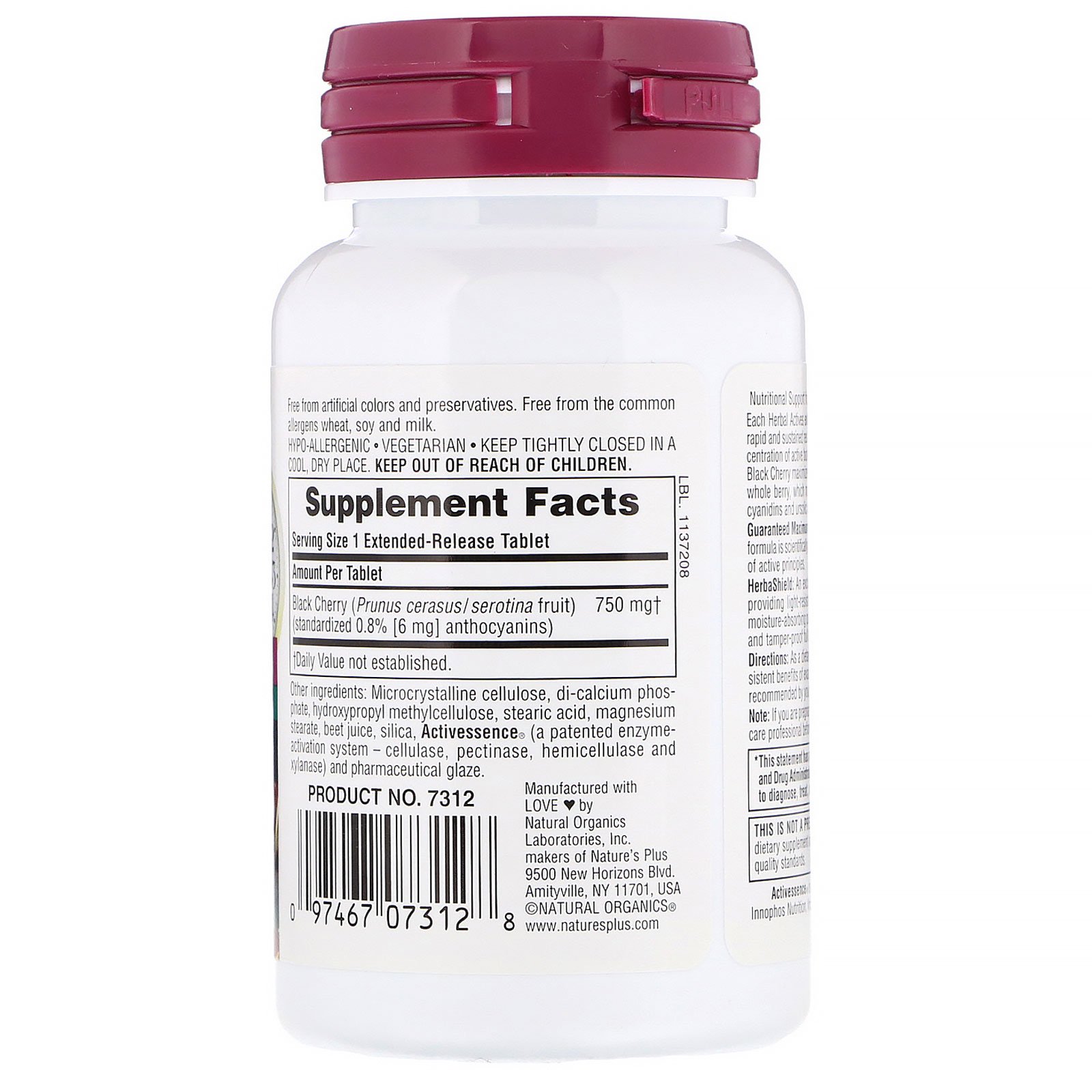 Nature's Plus, Ativos Herbários, Cereja Preta, 750 mg, 30 Comprimidos - Imagem 2