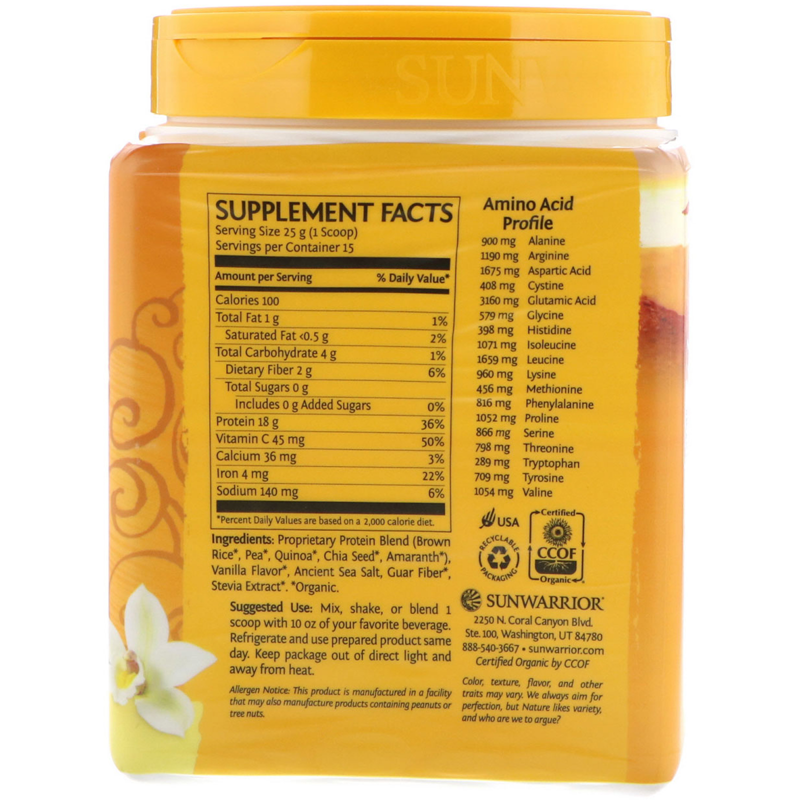 Sunwarrior, Proteína Clássica Plus, Orgânica e de Base Vegetal, Baunilha, 13,2 oz (375 g) - Imagem 2