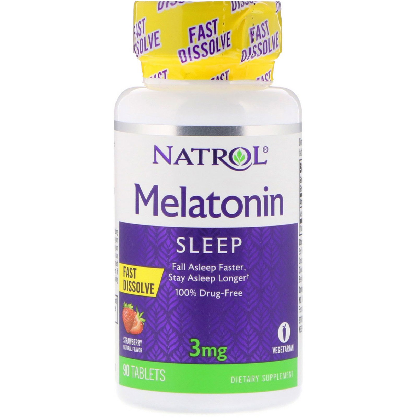 Natrol, Melatonina, dissolução rápida, sabor morango, 3 mg, 90 comprimidos