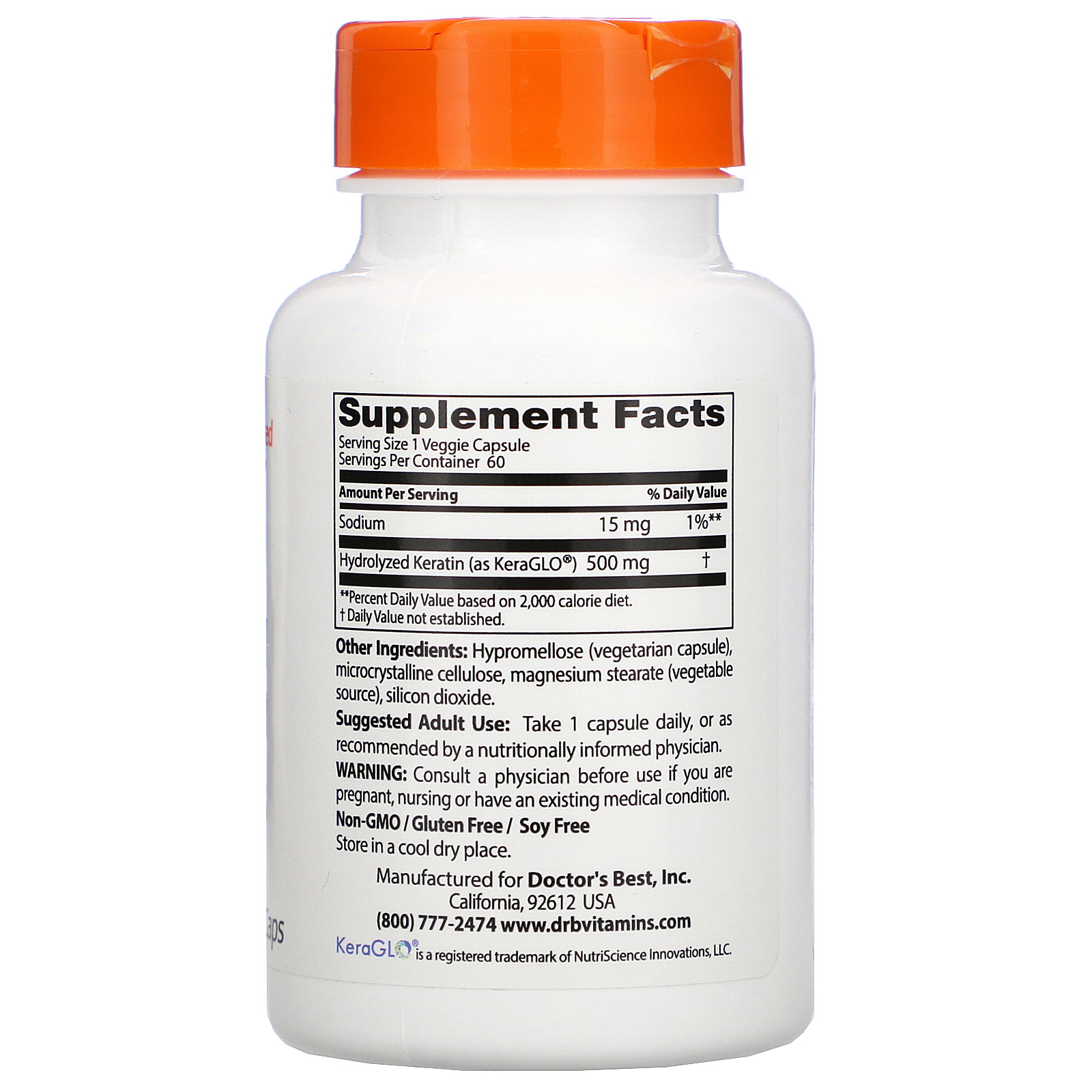 Doctor's Best, Hydrolyzed Keratin, 500 mg, 60 Veggie Caps - Imagem 2