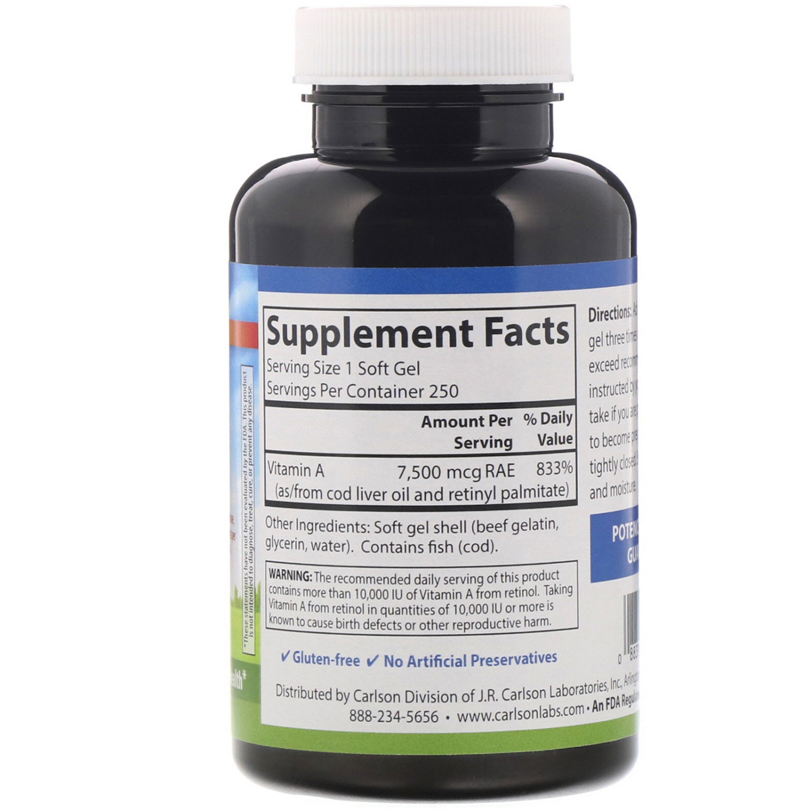 Carlson Labs, Vitamin A, 7,500 mcg RAE (25,000 IU ), 250 Soft Gels - Imagem 2