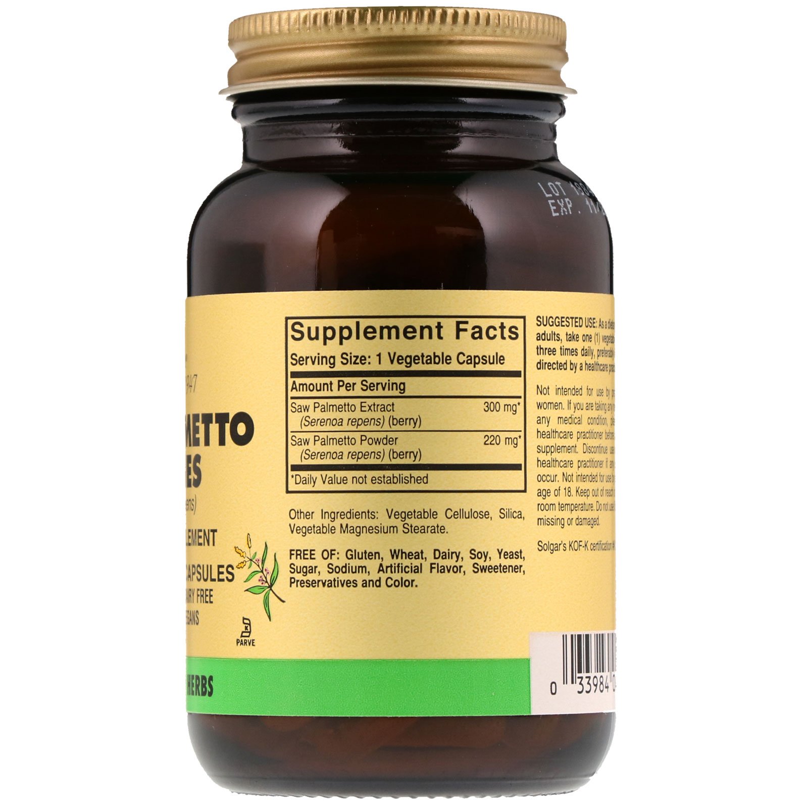 Solgar, Saw Palmetto Berries, 100 Vegetable Capsules - Imagem 2