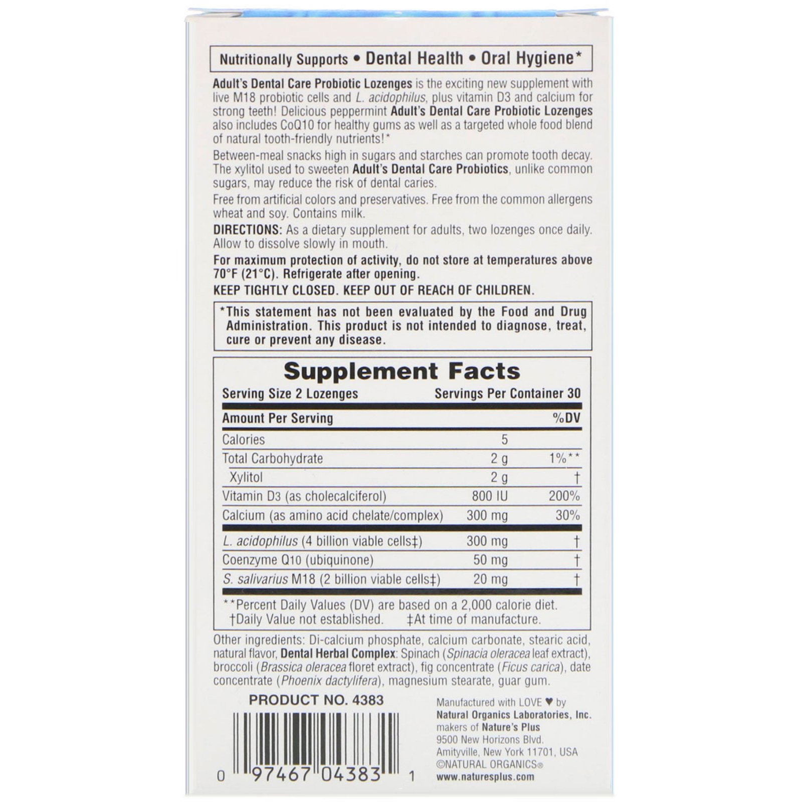 Nature's Plus, Probiótico de Cuidados com a Dentição para Adultos, Sabor Natural de Hortelã-Pimenta, 60 Pastilhas - Imagem 2