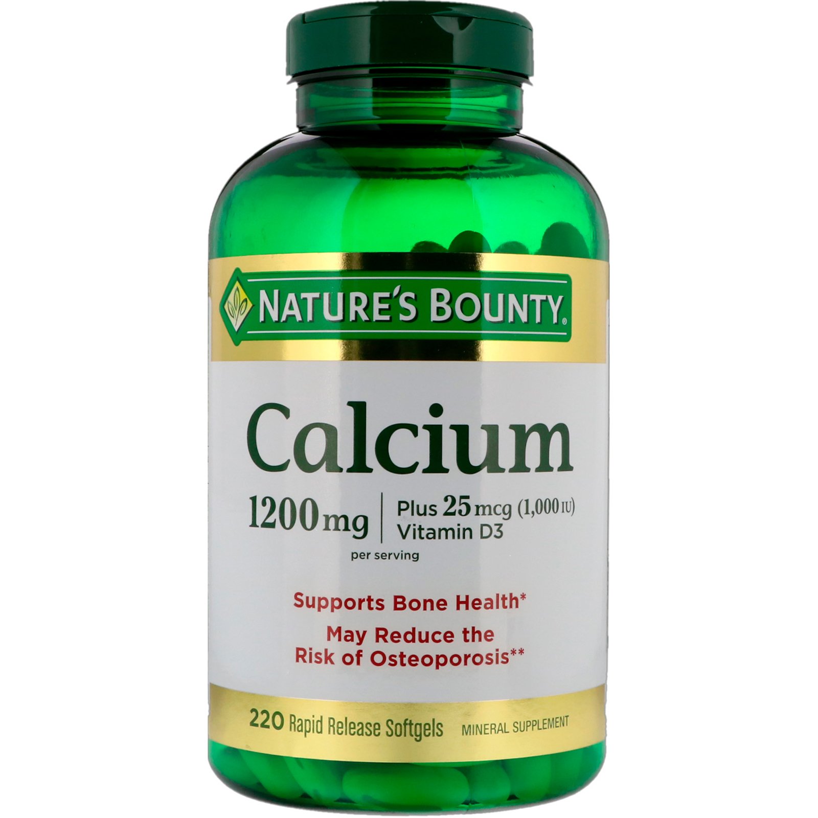 Nature's Bounty, Calcium Plus Vitamin D3, 1.200 mg, 220 Cápsulas Softgel de Liberação Rápida