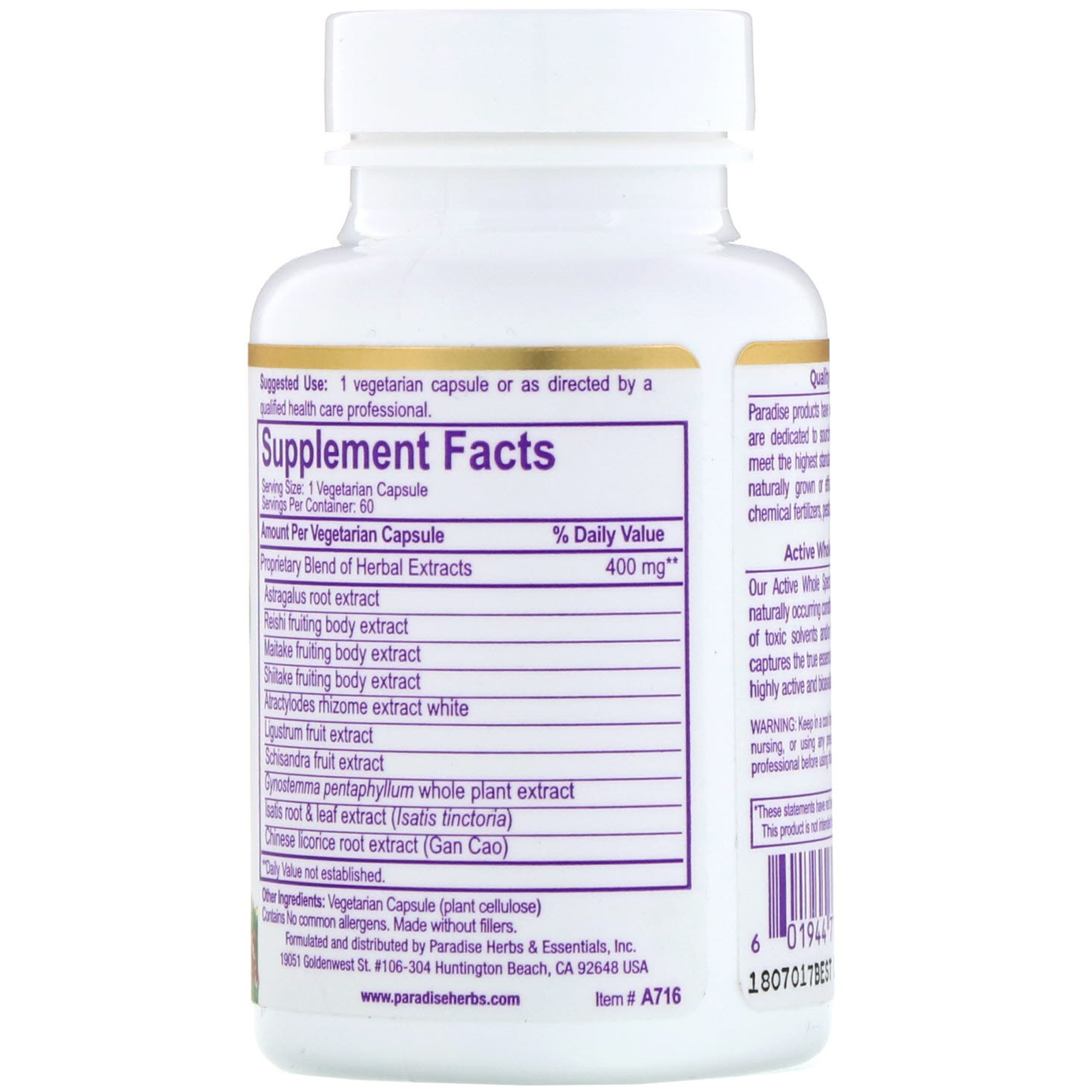 Paradise Herbs, Astragalus, Reishi Maitake Plus, 60 Vegetarian Capsules - Imagem 2