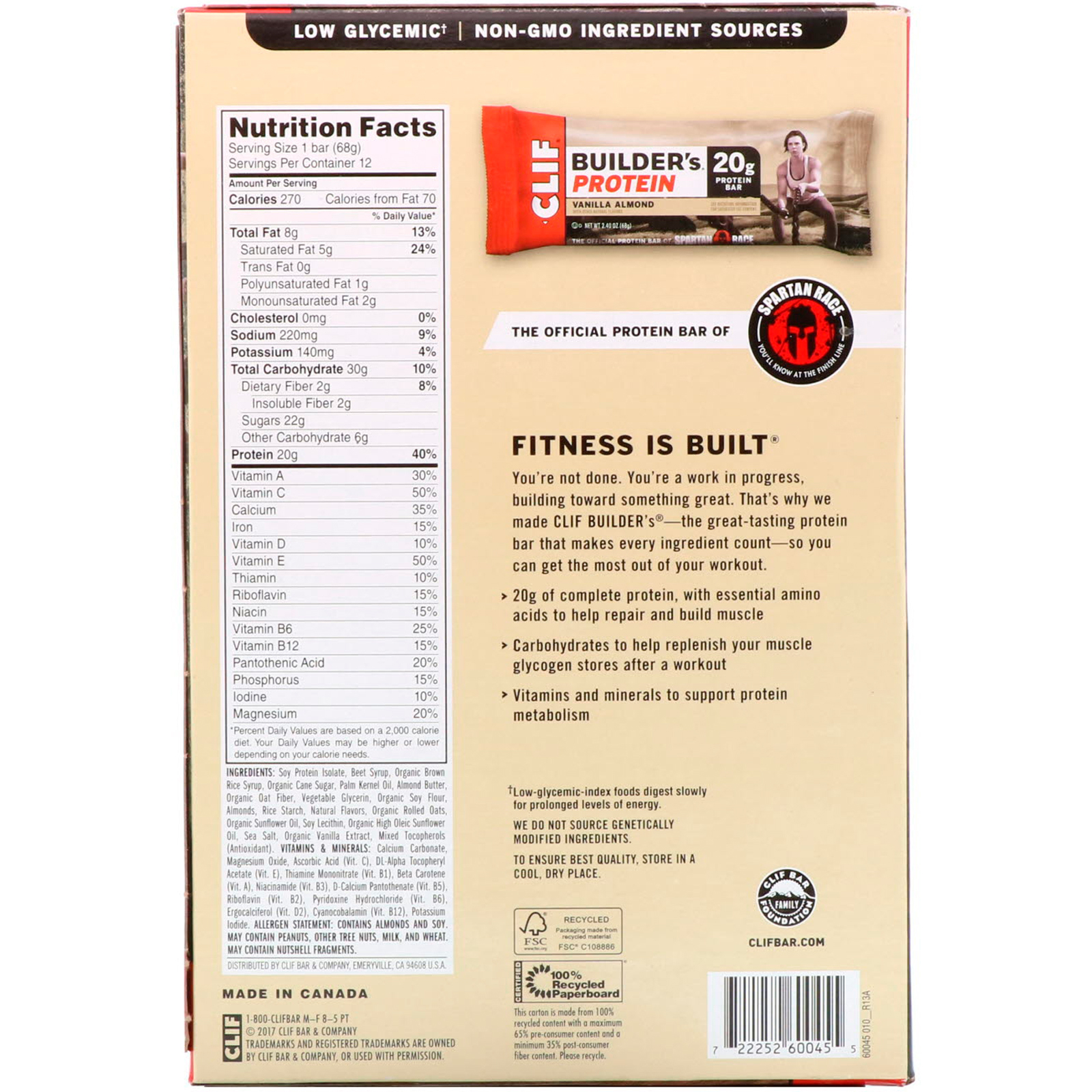 Clif Bar, Builder's Protein Bar, Vanilla Almond, 12 Bars, 2.4 oz (68 g) Each - Imagem 3