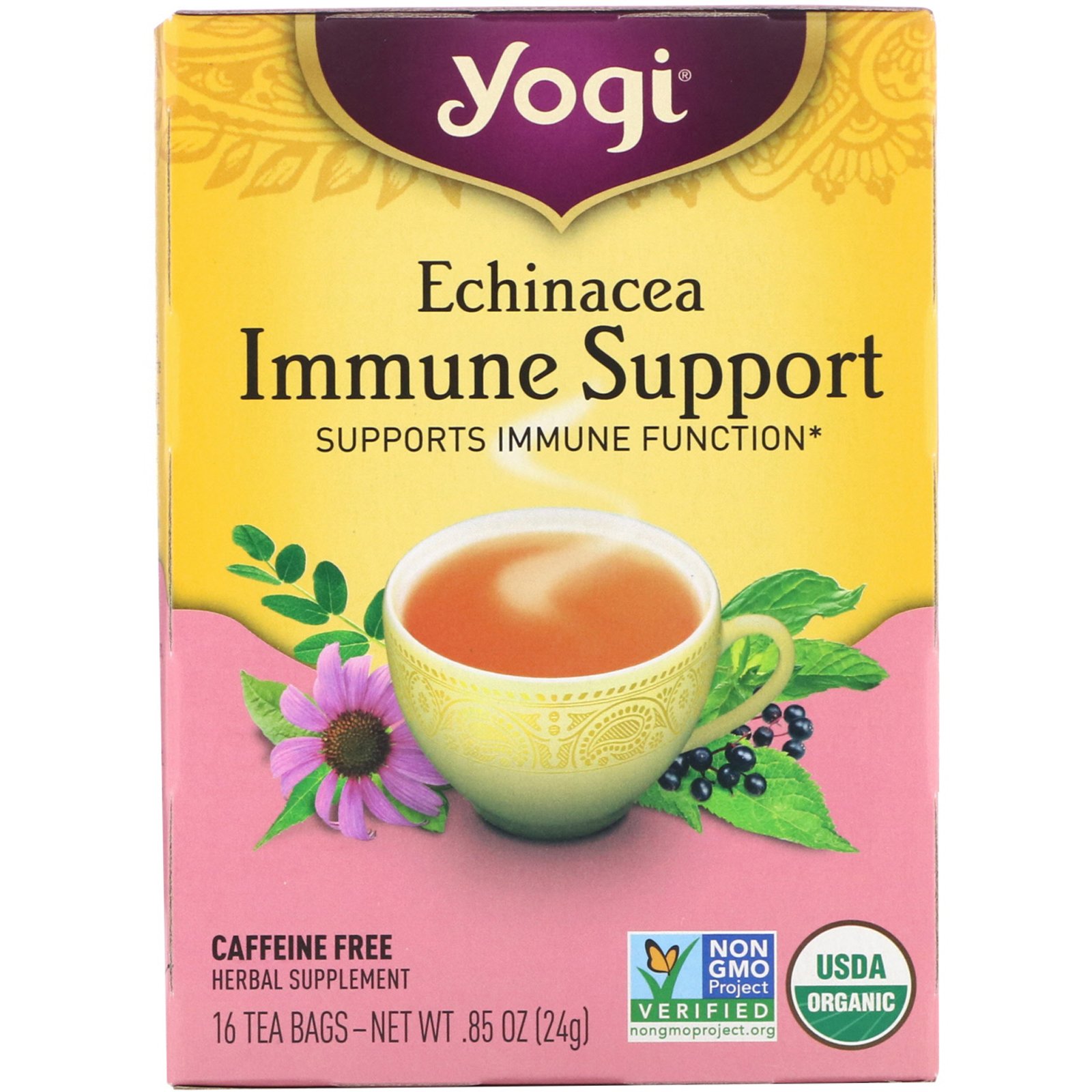 Yogi Tea, Equinácea para Auxílio no Sistema Imunológico, Sem Cafeína, 16 Saquinhos de Chá, 24 g (0,85 oz)