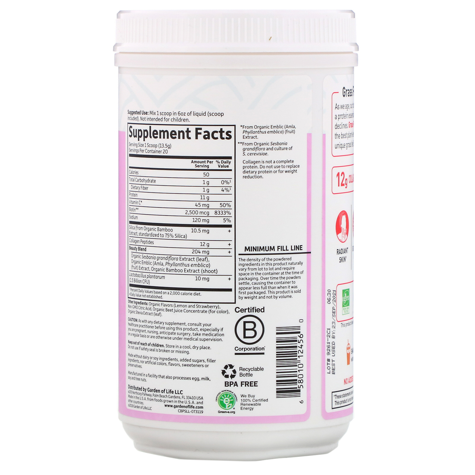 Garden of Life, Beleza A Partir de Colágeno Alimentado com Grama, Limonada de Morango, 9,52 oz (270 g) - Imagem 2