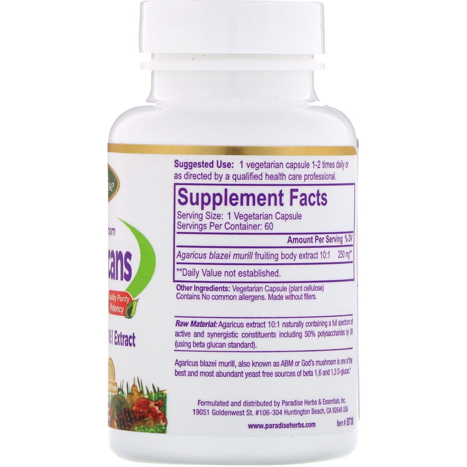 Paradise Herbs, Beta Glucans, 60 Vegetarian Capsules - Imagem 2