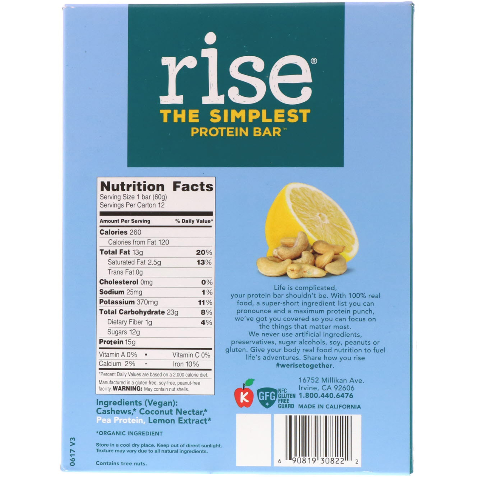Rise Bar, THE SIMPLEST PROTEIN BAR, Lemon Cashew, 12 Bars, 2.1 oz (60 g) Each - Imagem 3