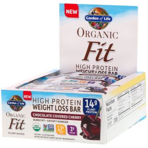 Garden of Life, Organic Fit, Barra com Alto Teor Proteico para Perda de Peso, Cereja com Cobertura de Chocolate, 12 Barras, 55 g (1,9 oz) Cada