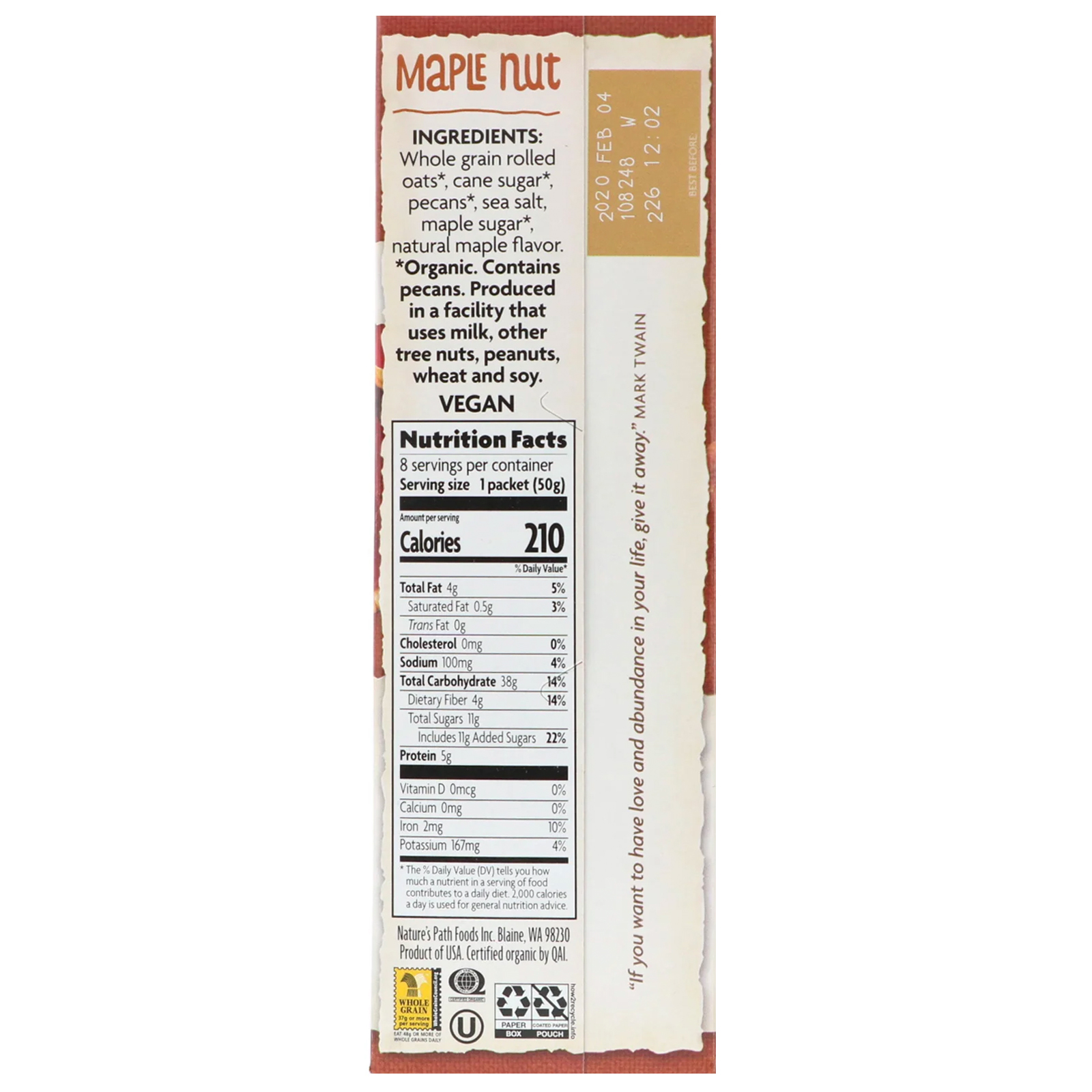 Nature's Path, Organic Instant Oatmeal, Maple Nut, 8 Packets, 14 oz (400 g) - Imagem 2