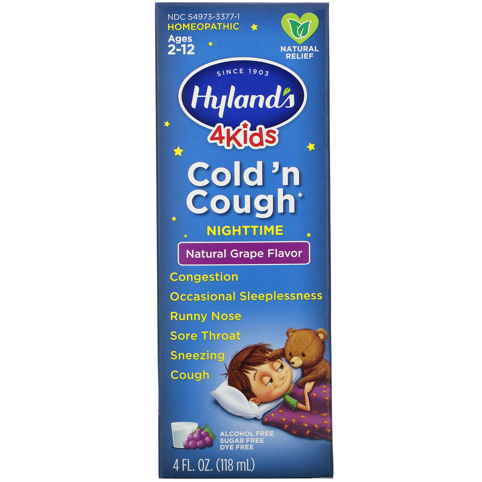 Hyland's, 4 Kids, Cold 'n Cough Nighttime, Ages 2-12, Natural Grape Flavor, 4 fl oz (118 ml) - Imagem 2