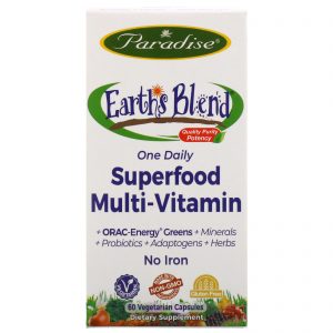 Paradise Herbs, Earth's Blend, One Daily Superfood Multi-Vitamin, Sem Ferro, 60 Cápsulas Vegetais