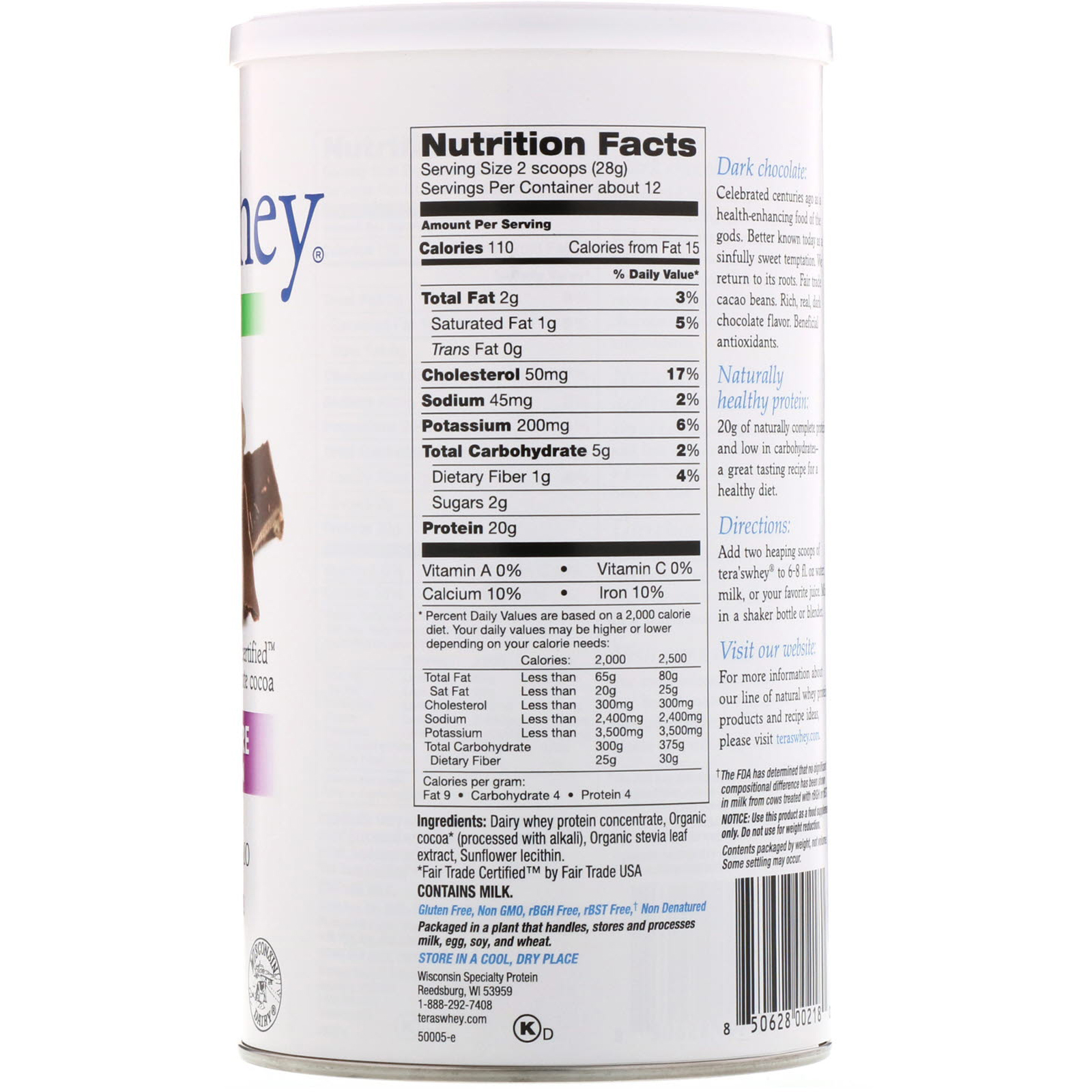 Tera's Whey, Grass Fed, Simply Pure Whey Protein, Fair Trade Dark Chocolate Cocoa, 12 oz (340 g) - Imagem 2