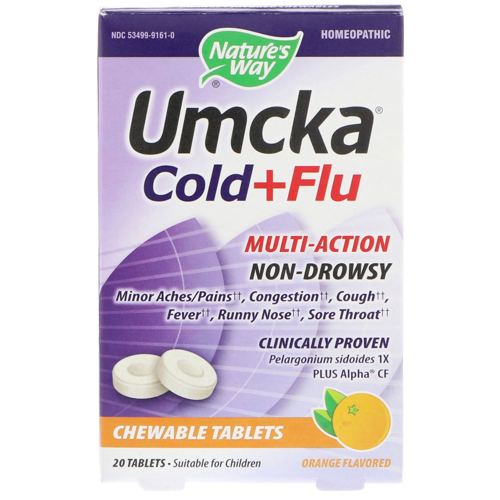 Nature's Way, Umcka, Frio+Resfriado, Sabor Laranja, 20 Comprimidos Mastigáveis