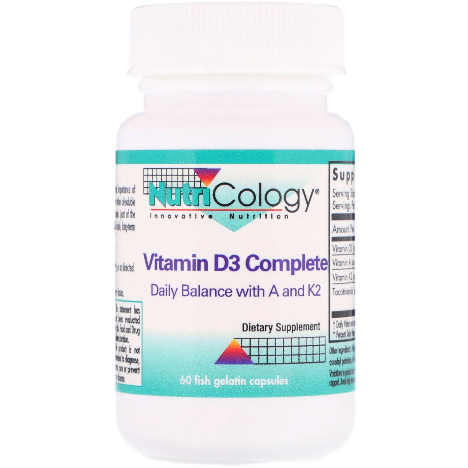 Nutricology, Vitamina D3 completa, 60 cápsulas de gelatina de peixe