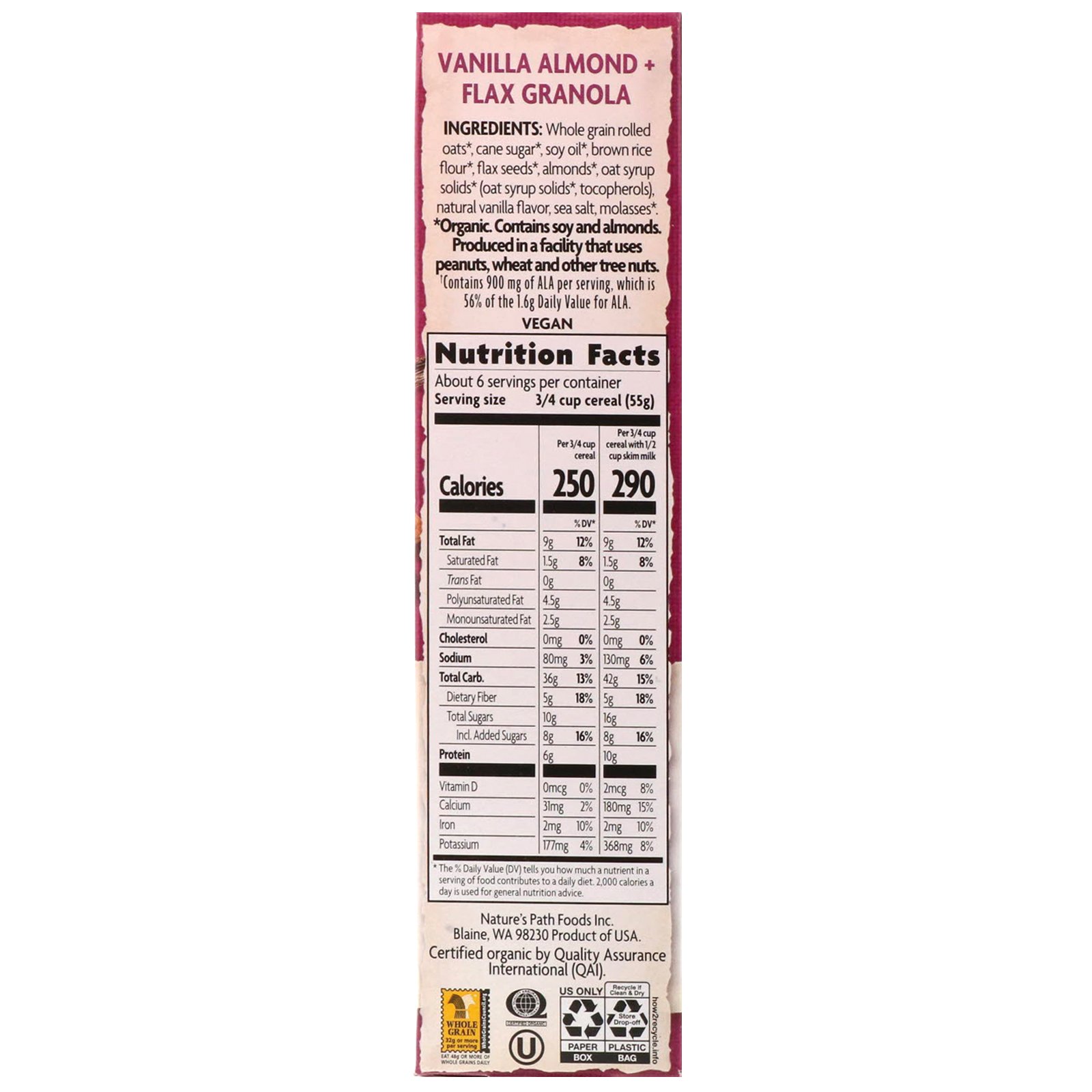 Nature's Path, Organic, Vanilla Almond + Flax Granola Cereal, 11.5 oz (325 g) - Imagem 2