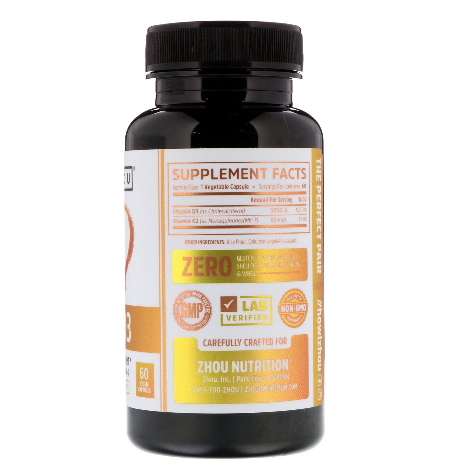 Zhou Nutrition, K2 + D3, Suporte 2-em-1, 60 Cápsulas Vegetais - Imagem 2