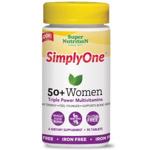 Super Nutrition, SimplyOne, Multivitamínico de Potência Tripla para Mulheres 50+, Sem Ferro, 90 Comprimidos