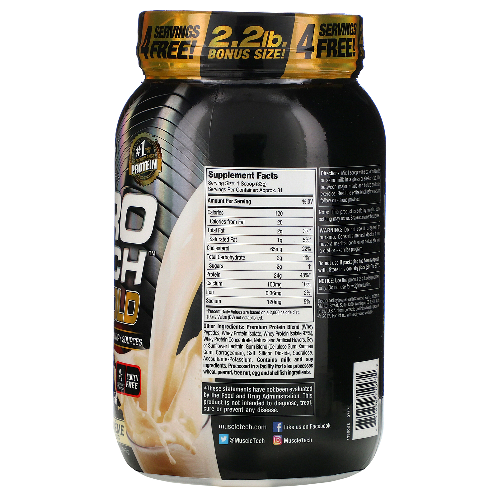Muscletech, Nitro Tech, 100% Whey Gold, Creme de Baunilha Francês, 2,20 lbs (999 g) - Imagem 2