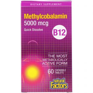 Natural Factors, Vitamina B12, metilcobalamina, 5000 mcg, 60 comprimidos mastigáveis.
