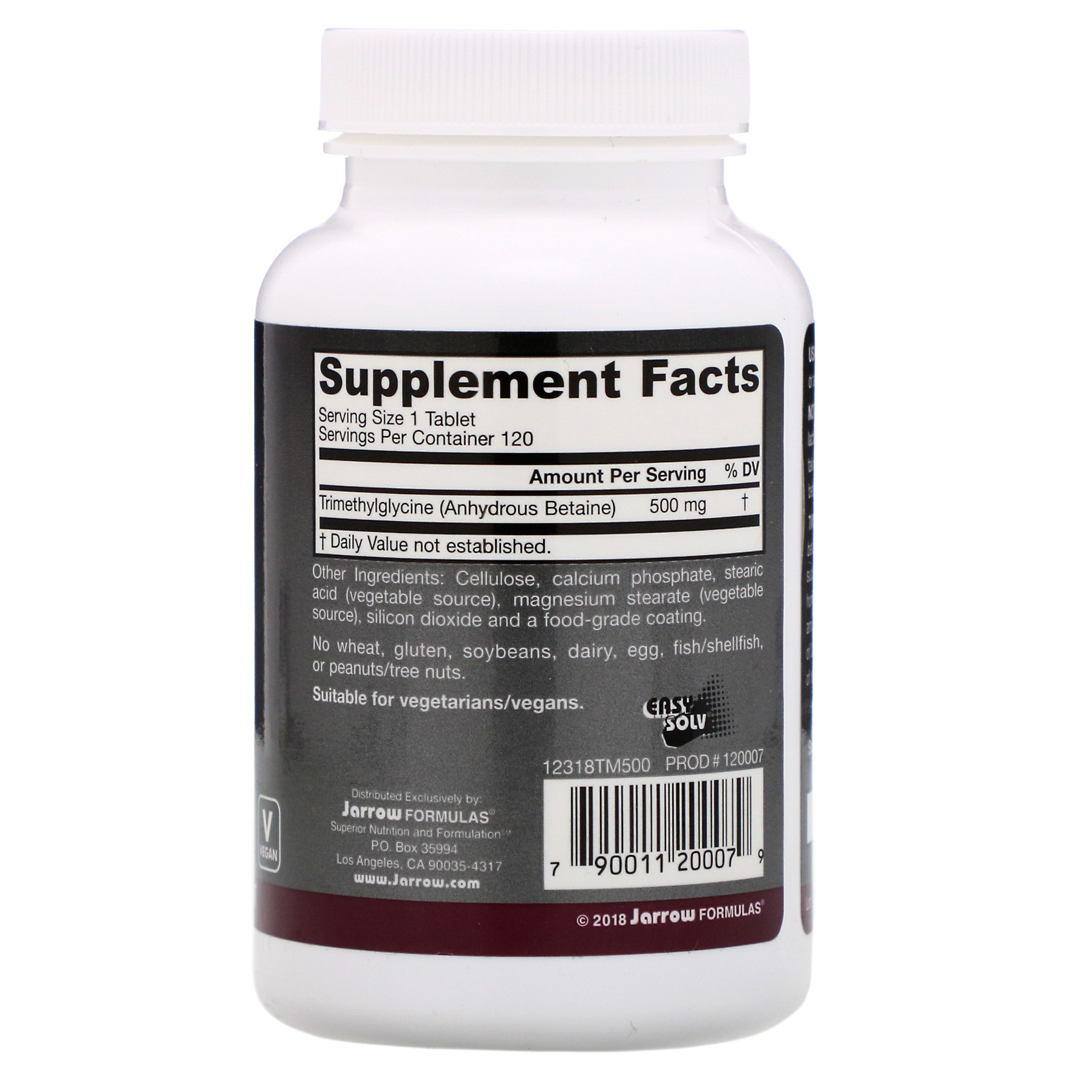 Jarrow Formulas, TMG, Trimetilglicina, 500 mg, 120 Comprimidos - Imagem 2
